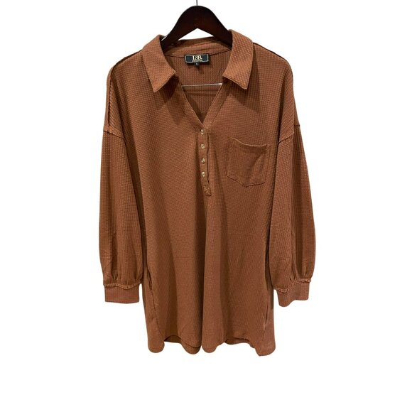 New L&B Womens Waffle Knit Brown Long Sleeve Button Down Shirt Dress Size Large - Picture 2 of 9